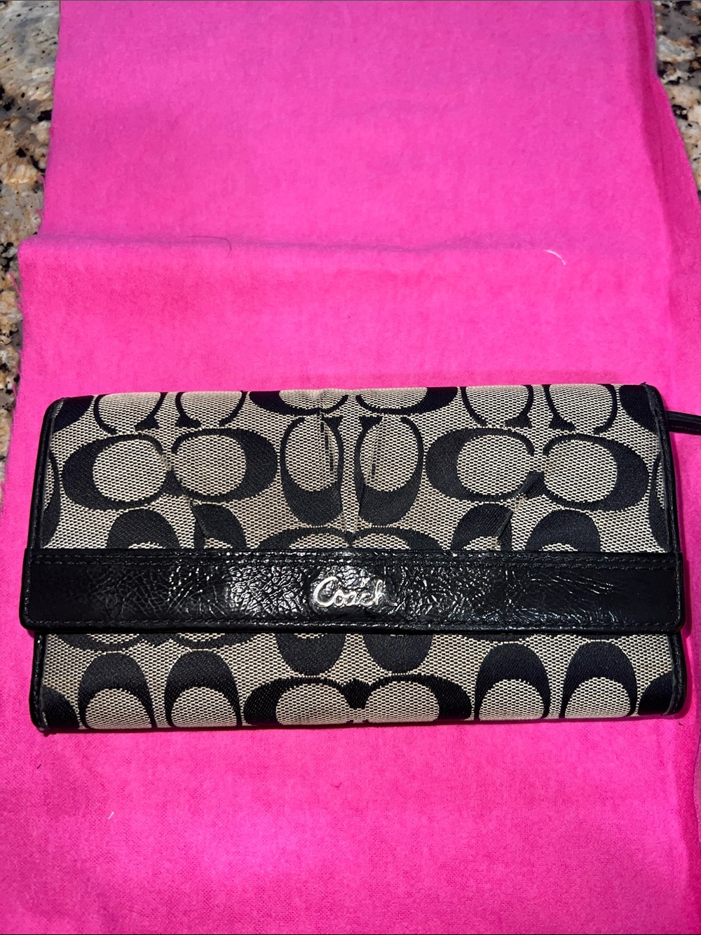 Coach Black and Beige Signature Fold Wallet